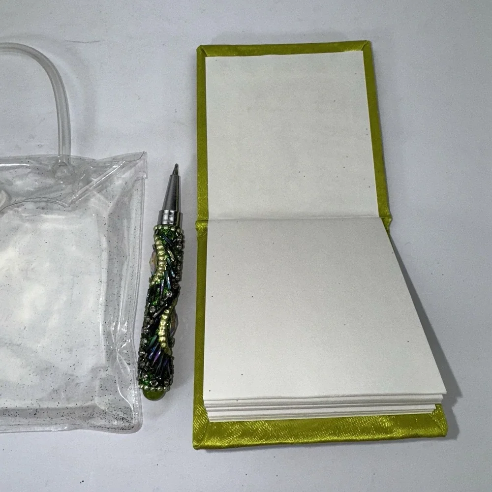Pier 1 Mini Notebook Green Peacock Sequined With Mini Pen and Plastic Bag